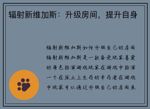 辐射新维加斯：升级房间，提升自身